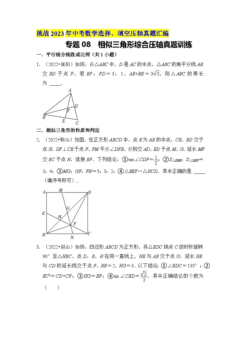 专题08  相似三角形综合压轴真题训练（原卷版）第1页