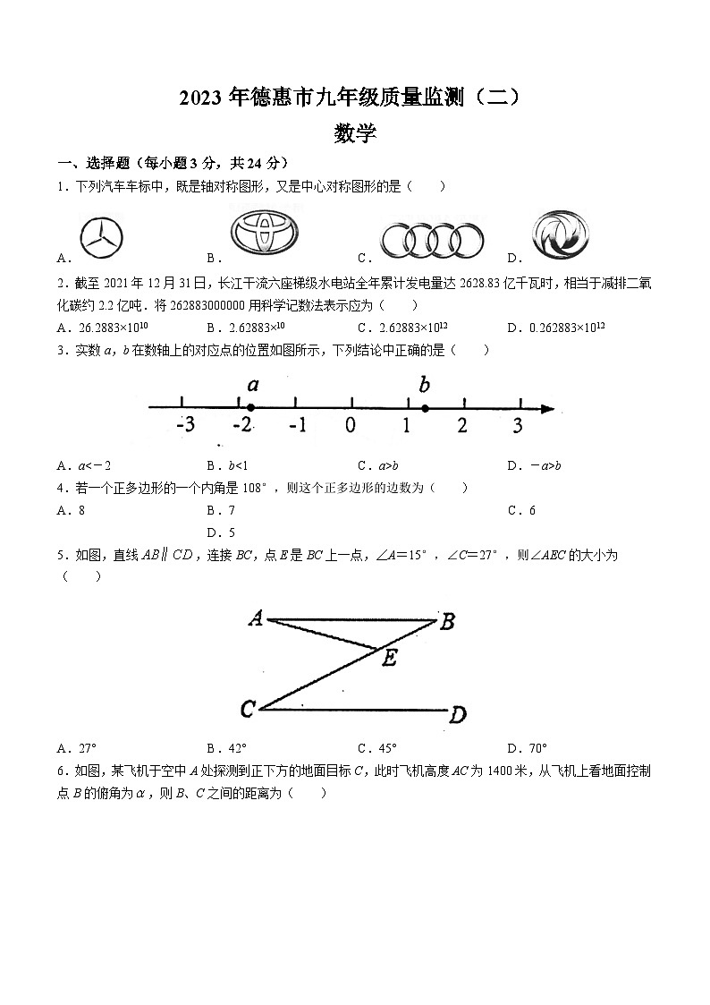 2023年吉林省长春市德惠市中考二模数学试题（含答案）第1页