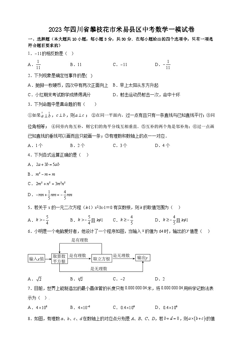 2023年四川省攀枝花市米易县区中考数学一模试卷（含答案）第1页