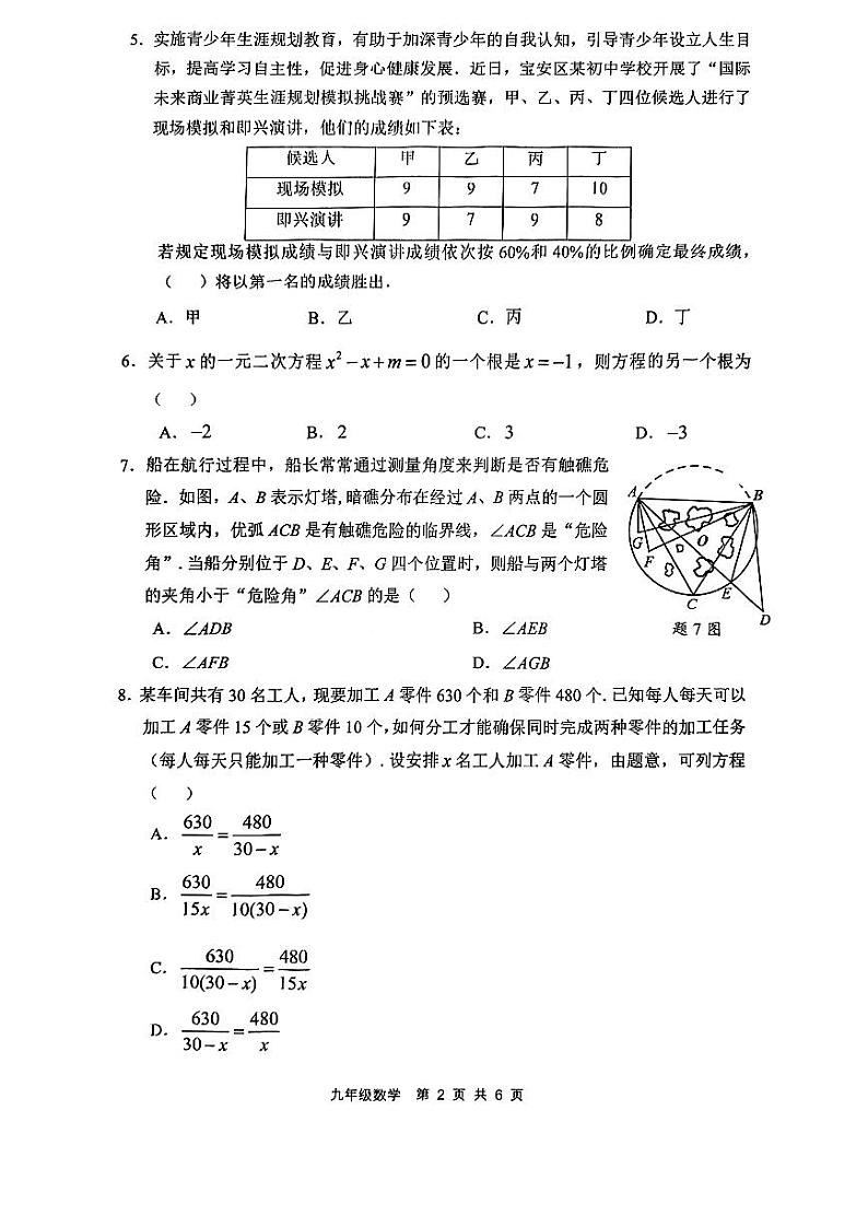 广东深圳宝安区2023届九年级中考二模数学试卷+答案第2页