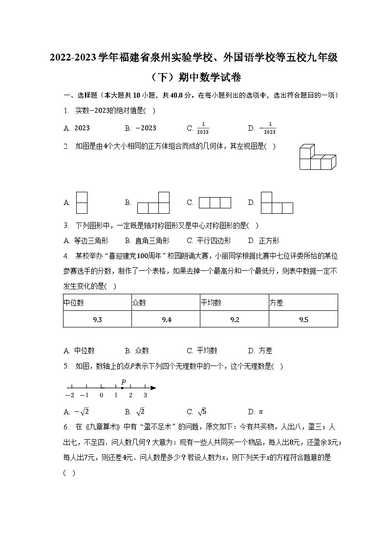 2022-2023学年福建省泉州实验学校、外国语学校等五校九年级（下）期中数学试卷（含解析）第1页