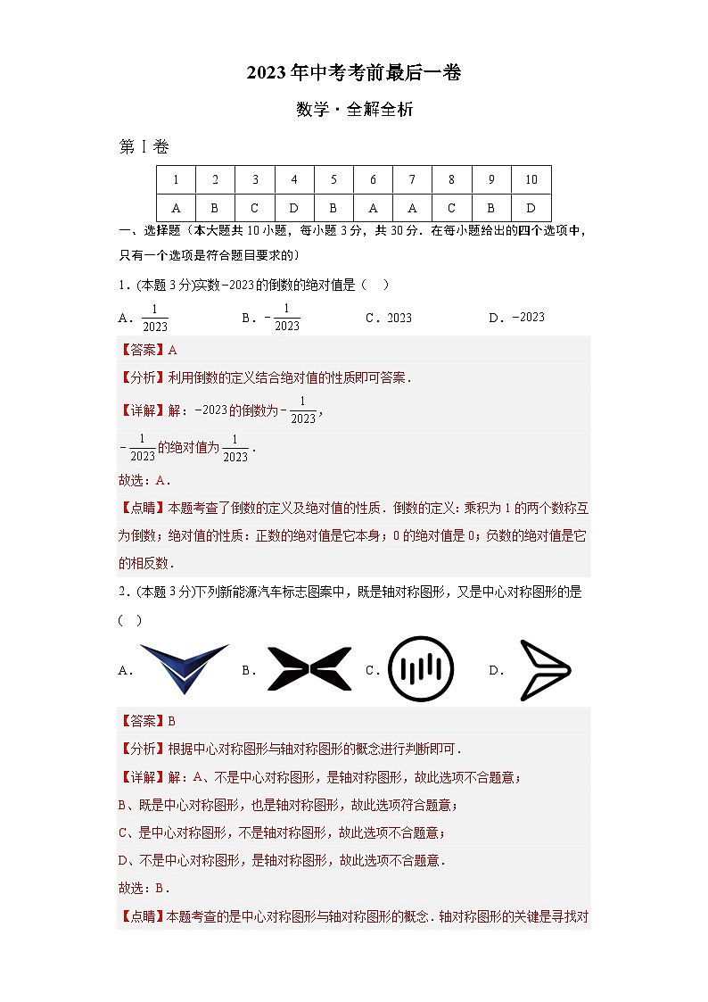 2023年中考考前最后一卷：数学（黑龙江卷）（全解全析）第1页