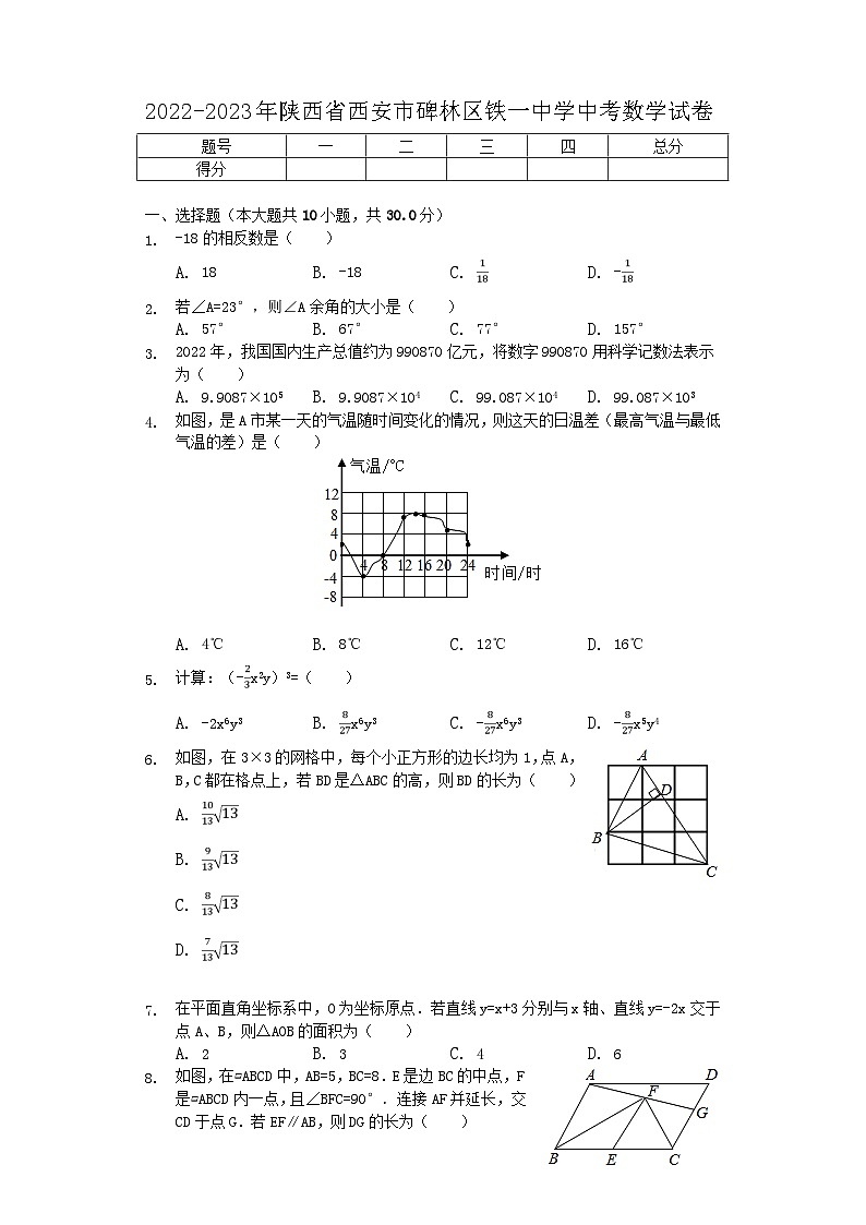 2023年陕西省西安市碑林区铁一中学中考数学试卷（含答案）第1页