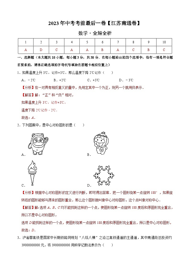 数学（江苏南通卷）2023年中考考前最后一卷（全解全析）第1页