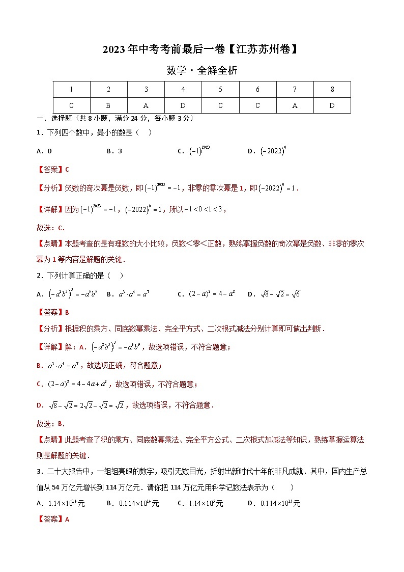 数学（江苏苏州卷）2023年中考考前最后一卷（全解全析）01