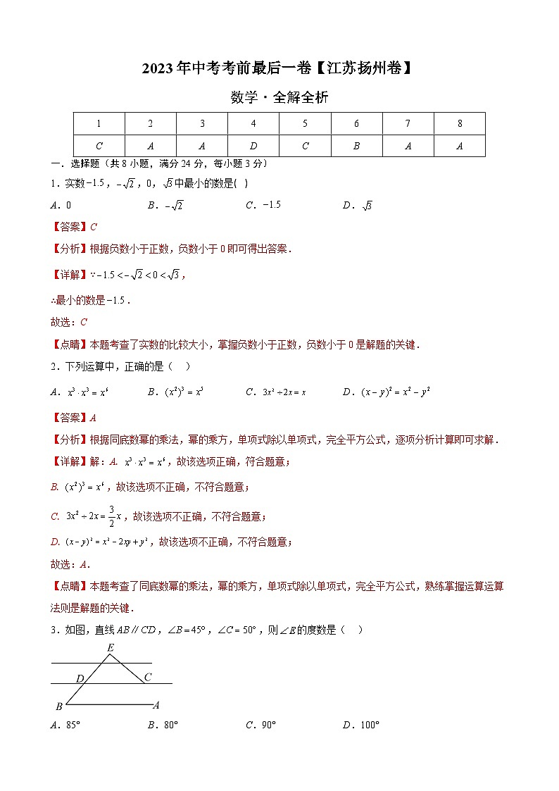 数学（江苏扬州卷）2023年中考考前最后一卷（全解全析）01