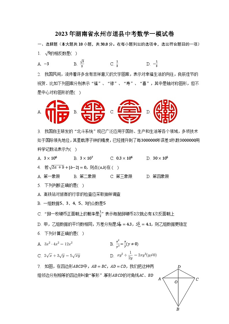 2023年湖南省永州市道县中考数学一模试卷（含解析）01