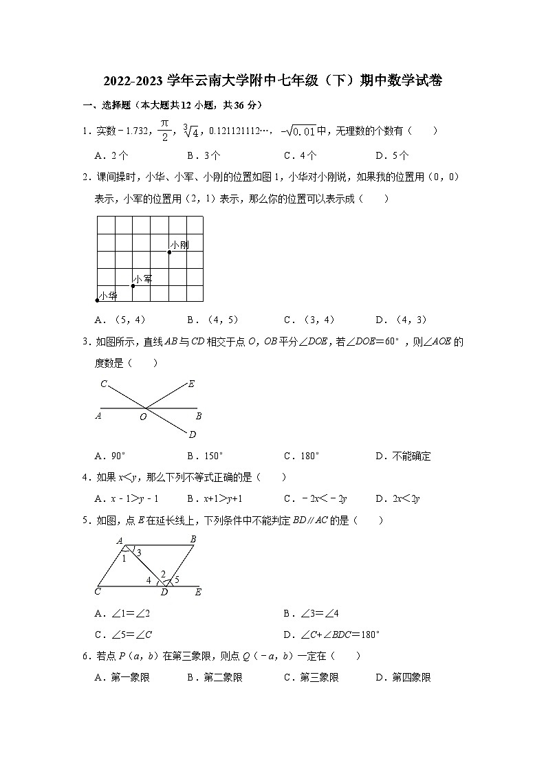 2022-2023学年云南大学附中七年级（下）期中数学试卷(含解析)第1页