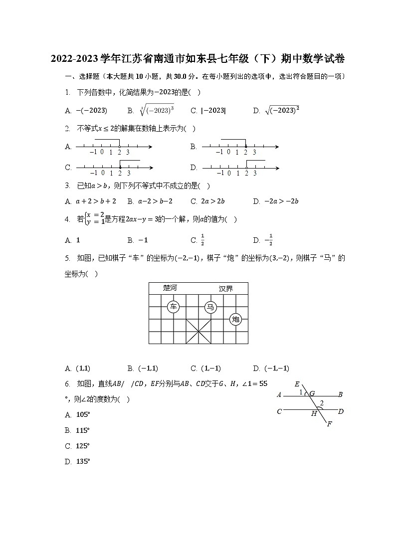 2022-2023学年江苏省南通市如东县七年级（下）期中数学试卷（含解析）01