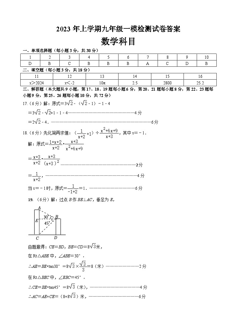 2023年雅礼集团九年级一模考试数学参考答案第1页