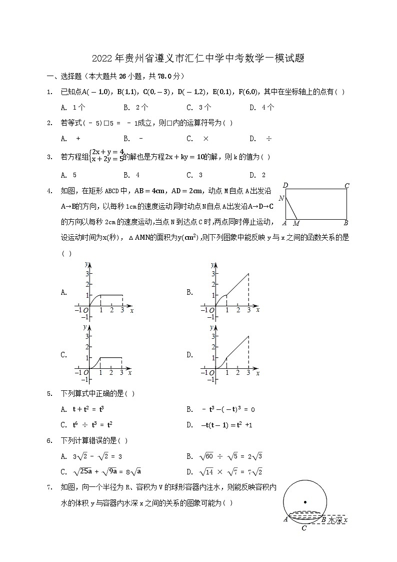 2022年贵州省遵义市汇仁中学中考数学一模试题（含答案）01