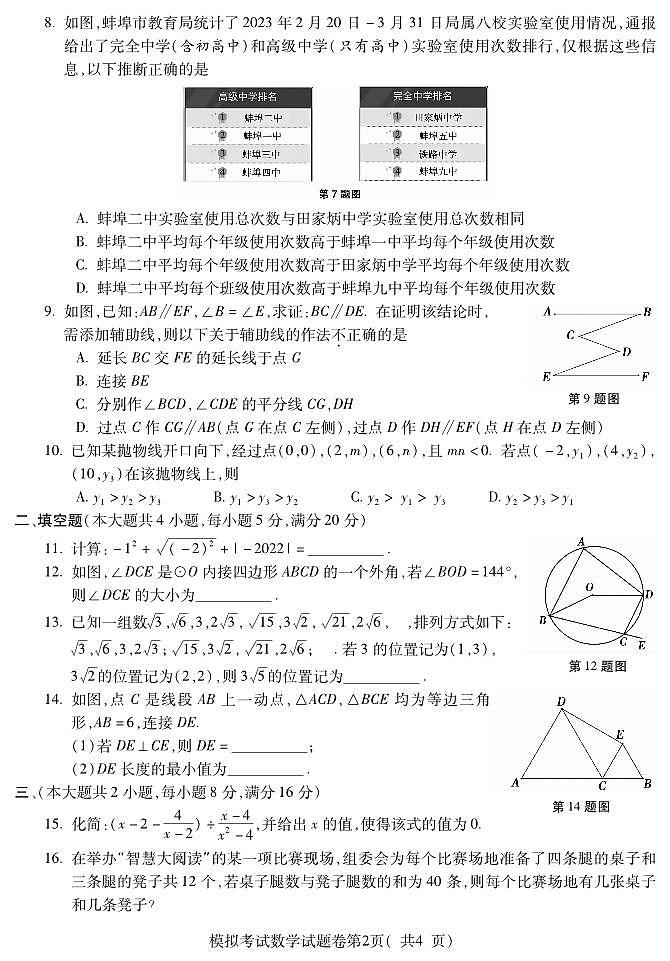 2023年安徽省蚌埠市蚌山区中考三模数学试题02