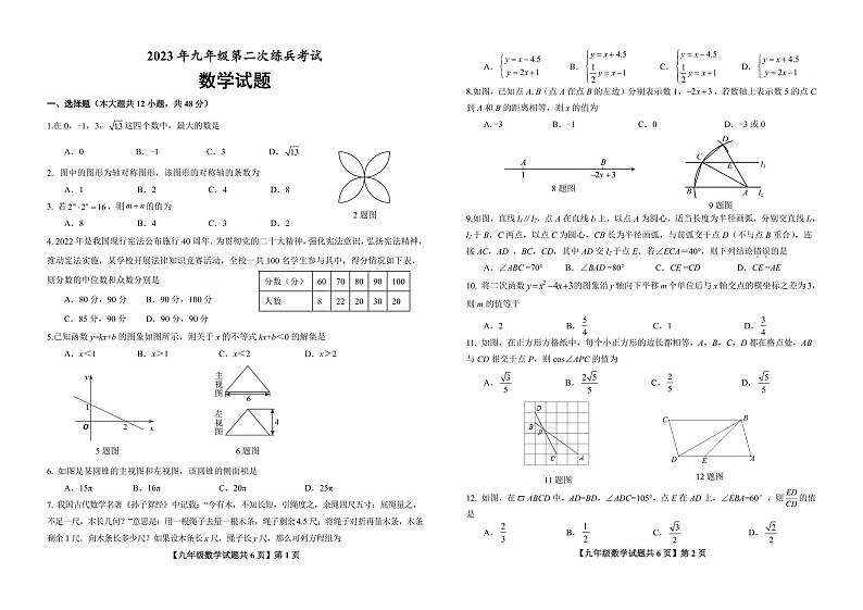 2023年山东省德城区九年级第二次练兵考试数学试题+答案第1页