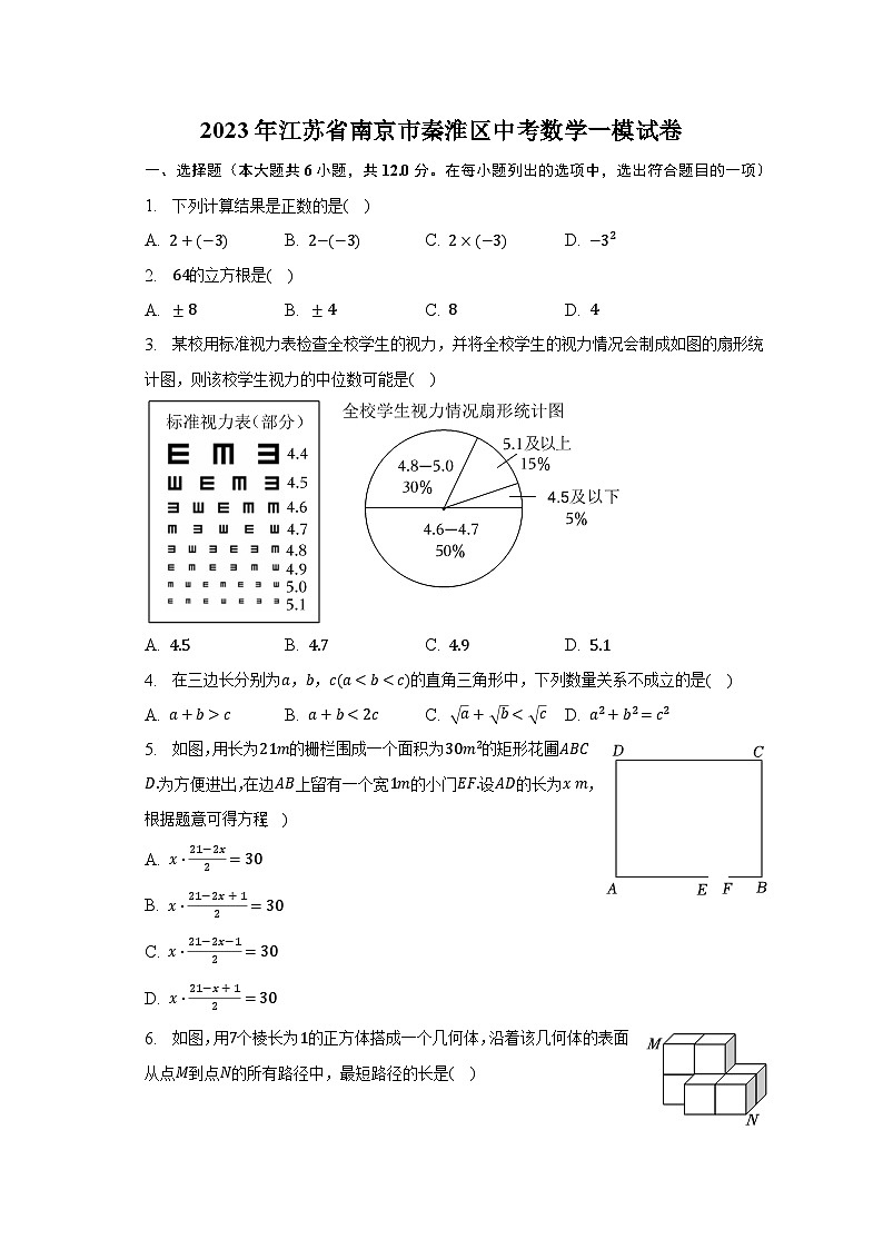 2023年江苏省南京市秦淮区中考数学一模试卷（含解析）01