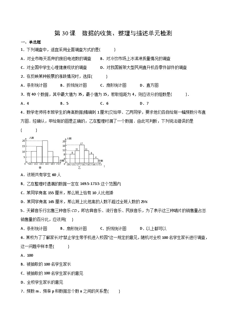 【全套专题】初中数学同步学案 7年级下册 第30课  数据的收集、整理与描述单元检测（含解析）第1页