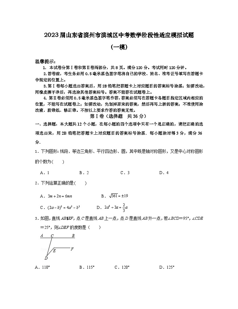 2023届山东省滨州市滨城区中考数学阶段性适应模拟试题（一模）含解析01