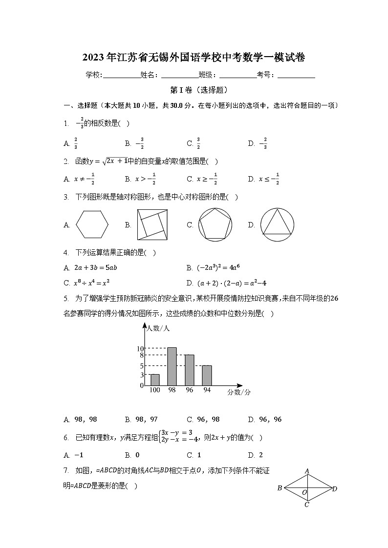 2023年江苏省无锡外国语学校中考数学一模试卷（含解析）第1页