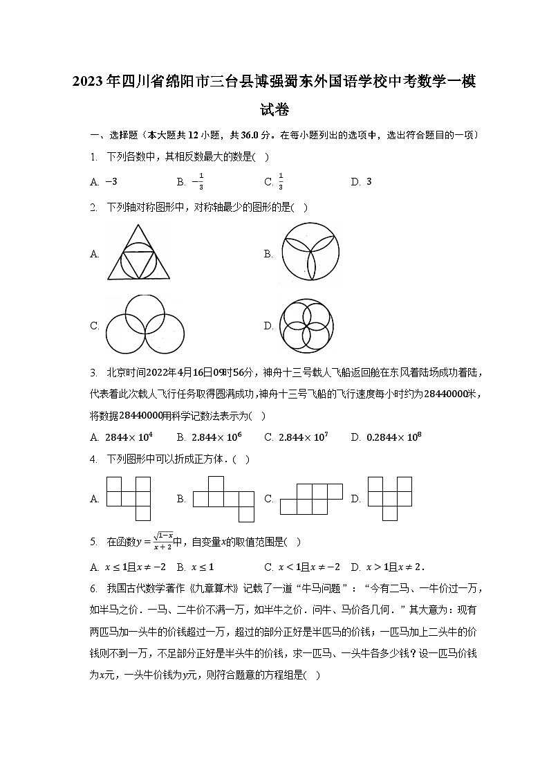 2023年四川省绵阳市三台县博强蜀东外国语学校中考数学一模试卷（含解析）01