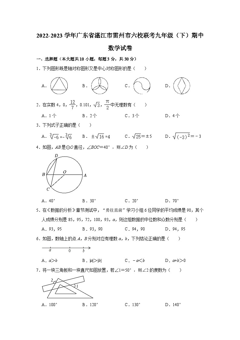 2022-2023学年广东省湛江市雷州市六校联考九年级（下）期中数学试卷(含解析)01