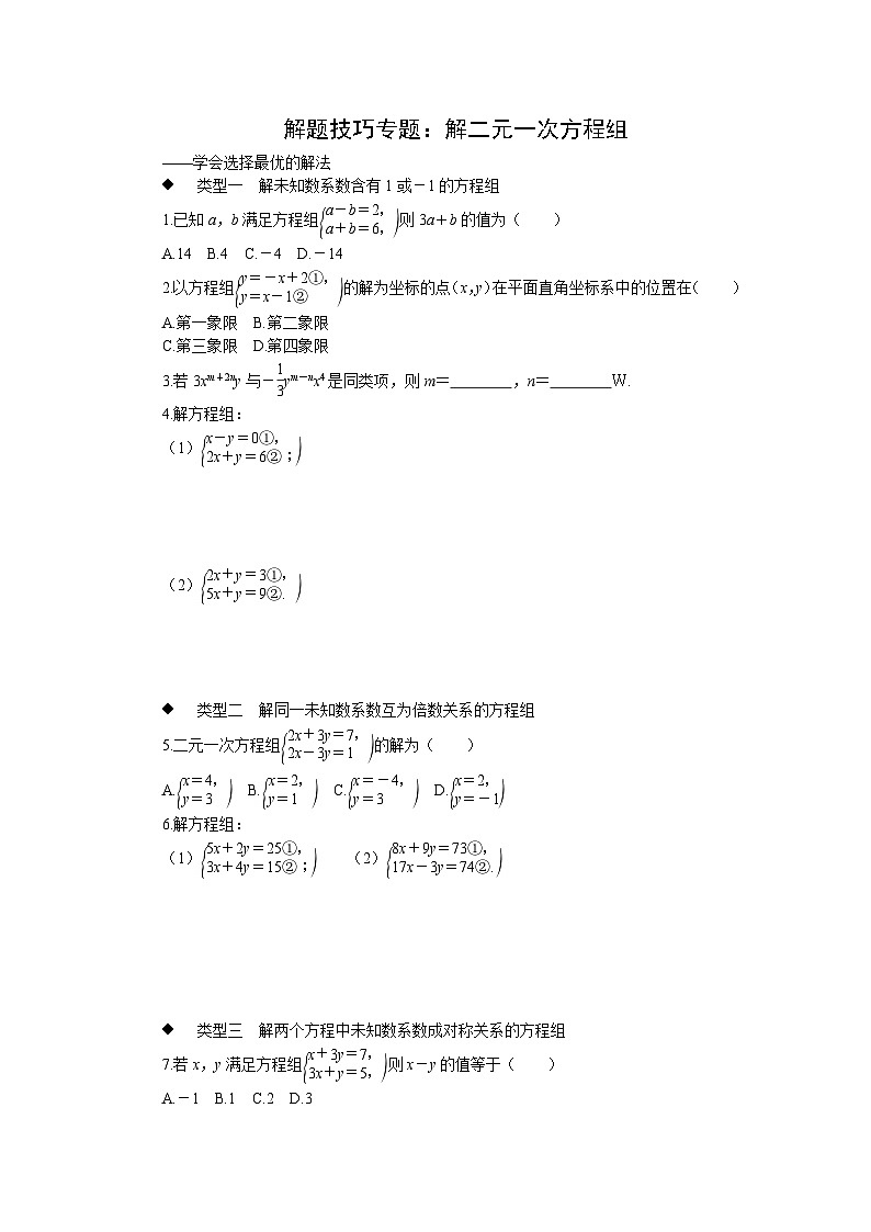 中考训练解题技巧专题：解二元一次方程组专项训练与解析第1页