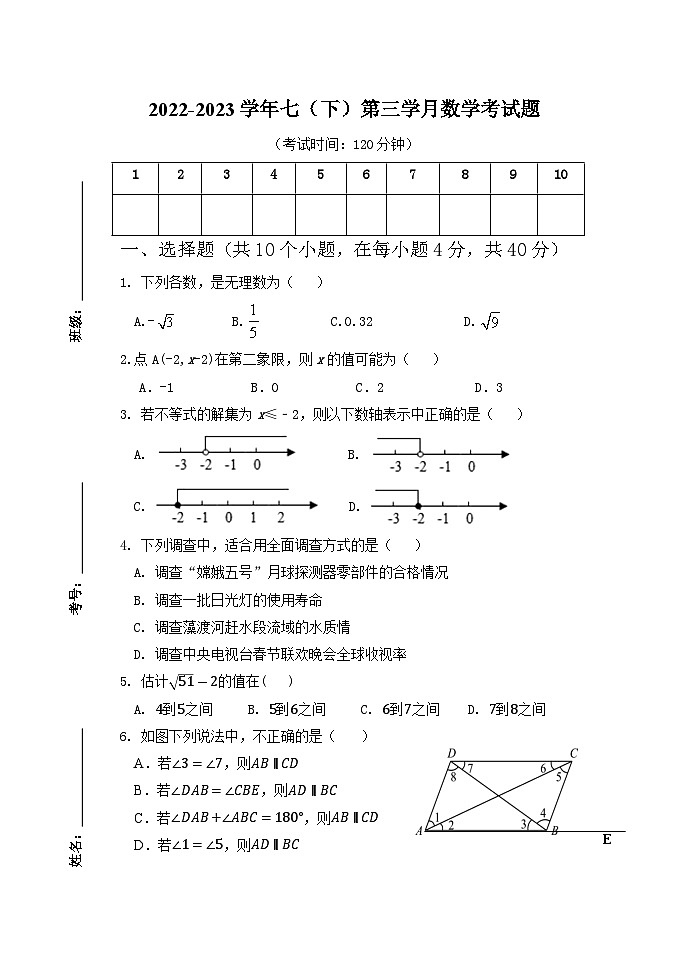 重庆市綦江区赶水中学2022-2023学年下学期七年级第三学月考数学试题01