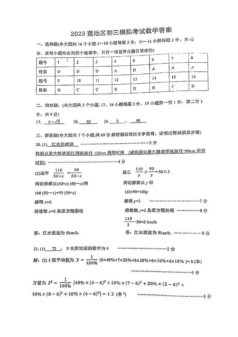 2023年初中毕业生升学文化课模拟考试-数学试题参考答案第1页
