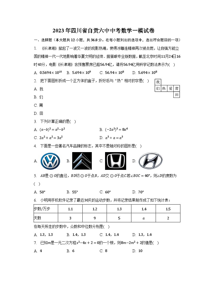 2023年四川省自贡六中中考数学一模试卷（含解析）第1页