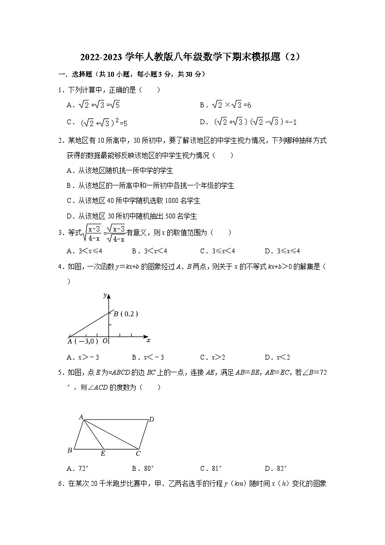 2022-2023学年人教版八年级数学下期末模拟题（二）第1页