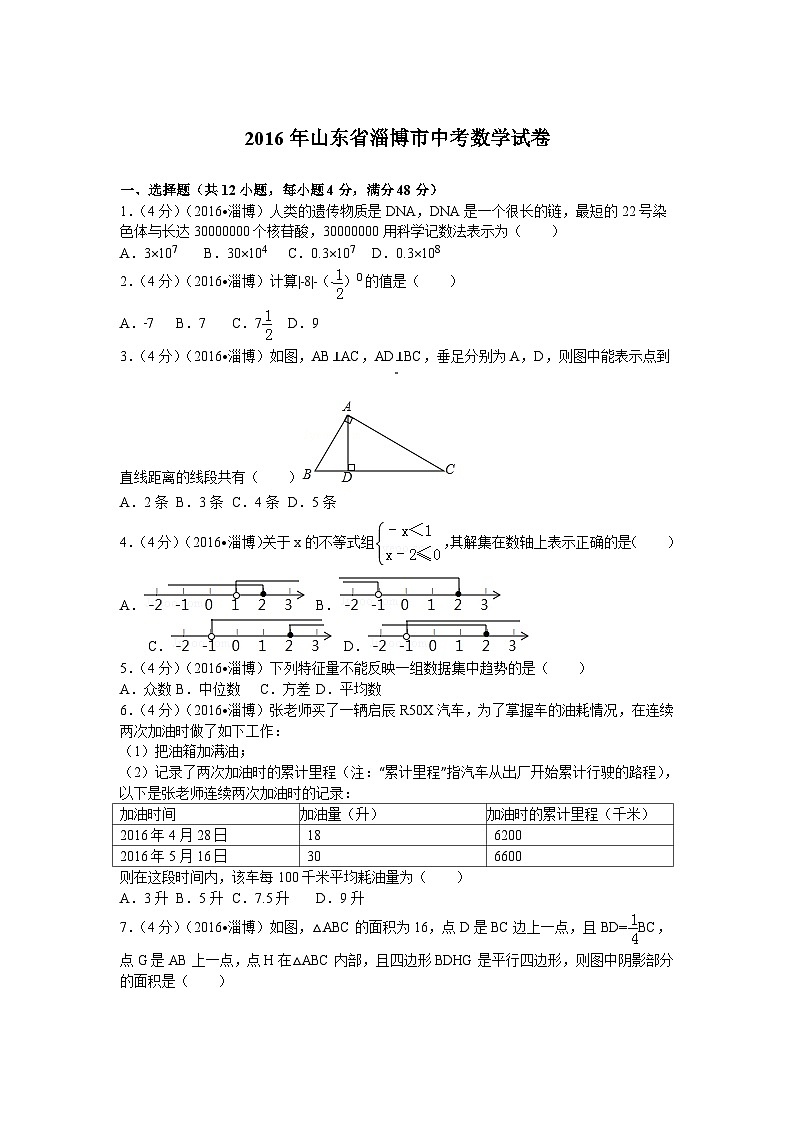 2016年淄博市中考数学真题及解析第1页