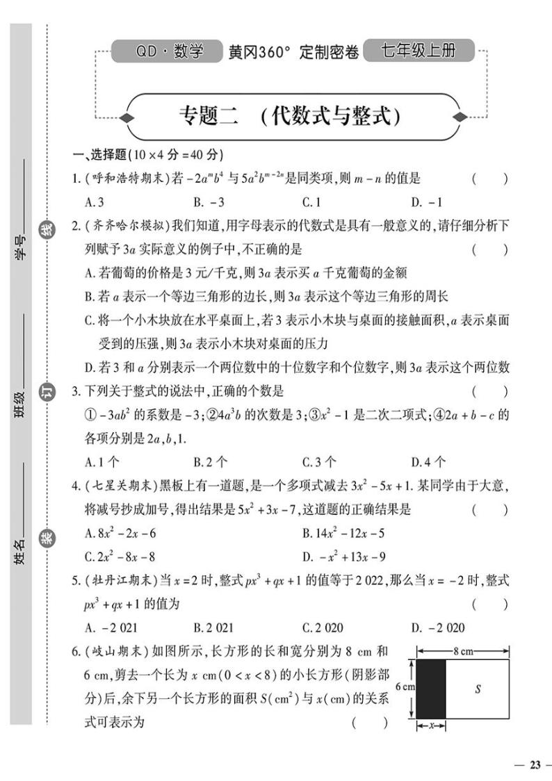 （2023秋）（初中）七年级上册-青岛版数学-专题二 （代数式与整式）01