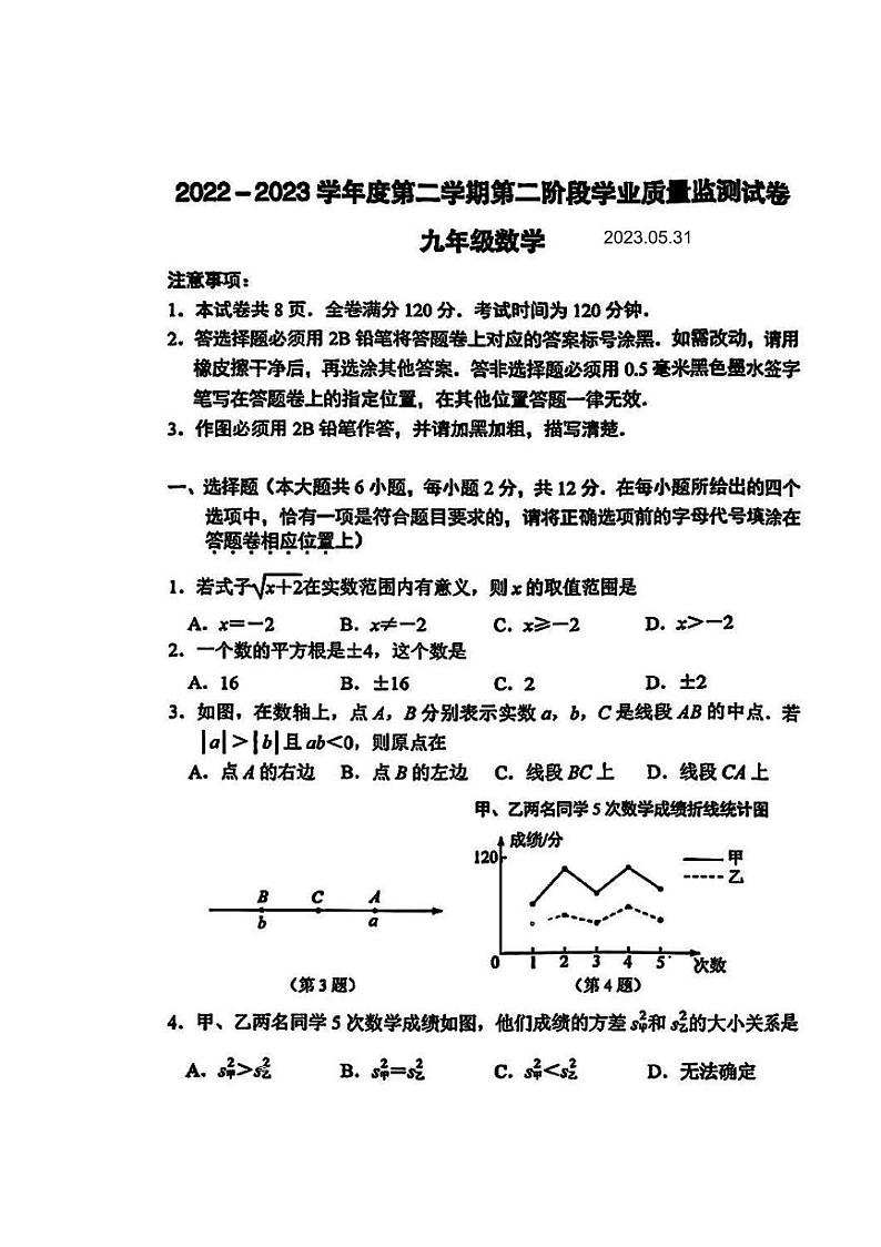 2023年江苏省南京市秦淮区中考二模数学试卷第1页