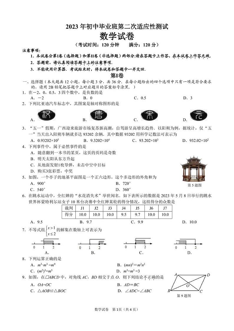 南宁市西乡塘区2023年初中毕业班第二次适应性测试数学试卷01