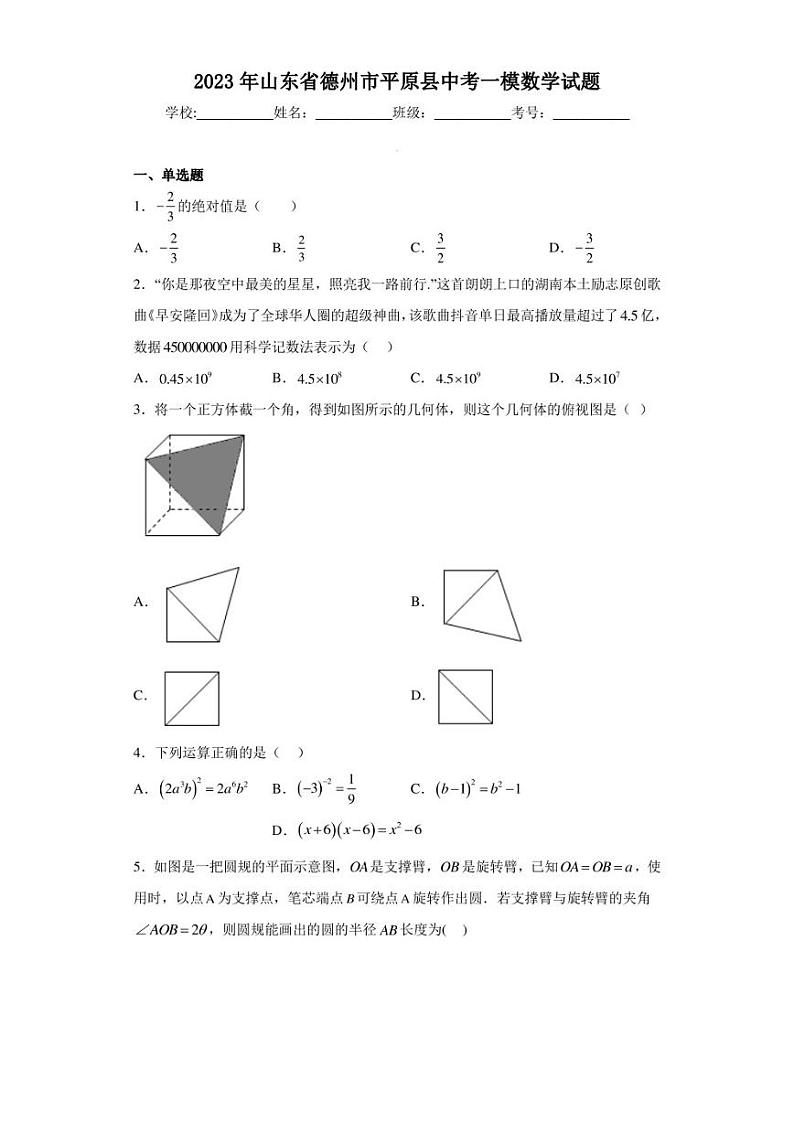 2023年山东省德州市平原县中考一模数学试题（含答案解析）第1页