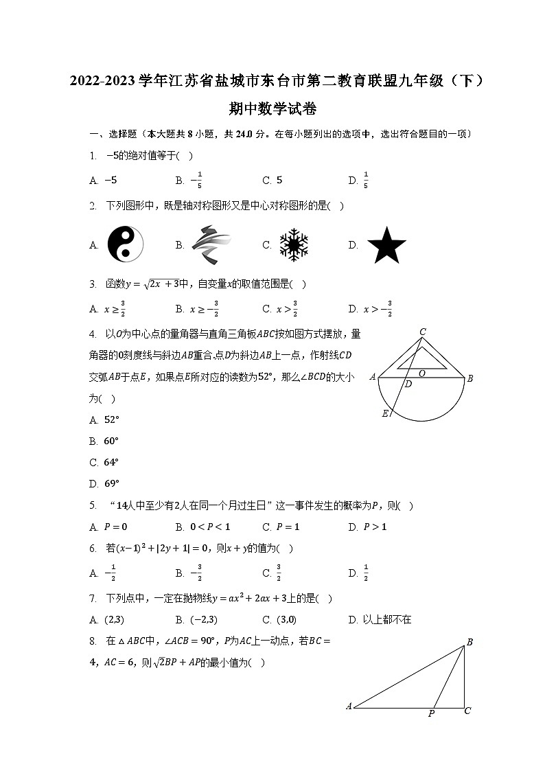 2022-2023学年江苏省盐城市东台市第二教育联盟九年级（下）期中数学试卷（含解析）第1页