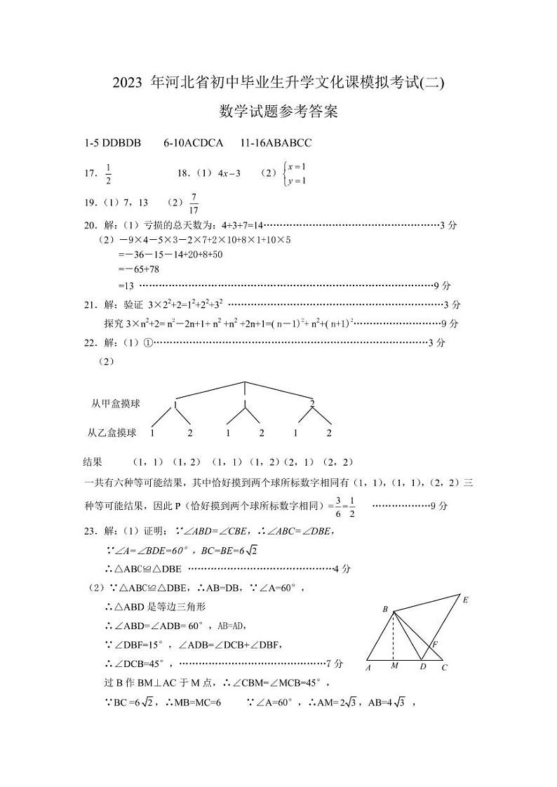 2023年河北省初中毕业生升学文化课模拟考试-数学答案第1页