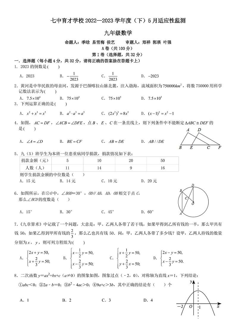 2023年四川省成都七中育才学校九年级5月份数学中考适应性练习第1页