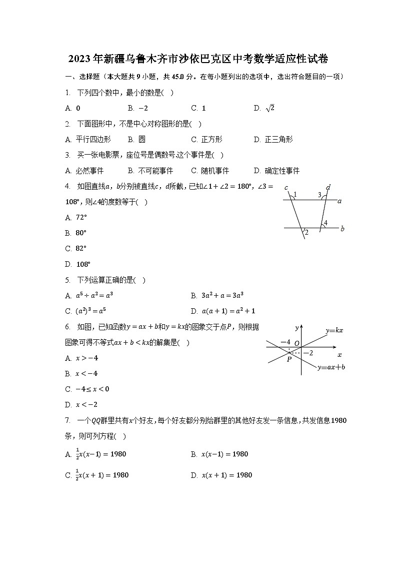 2023年新疆乌鲁木齐市沙依巴克区中考数学适应性试卷（含解析）第1页