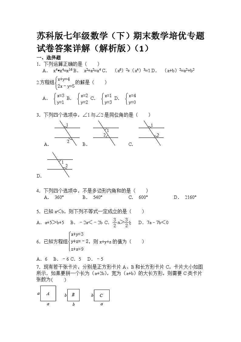 苏科版七年级数学（下）期末数学培优专题试卷答案详解（解析版）(1)第1页