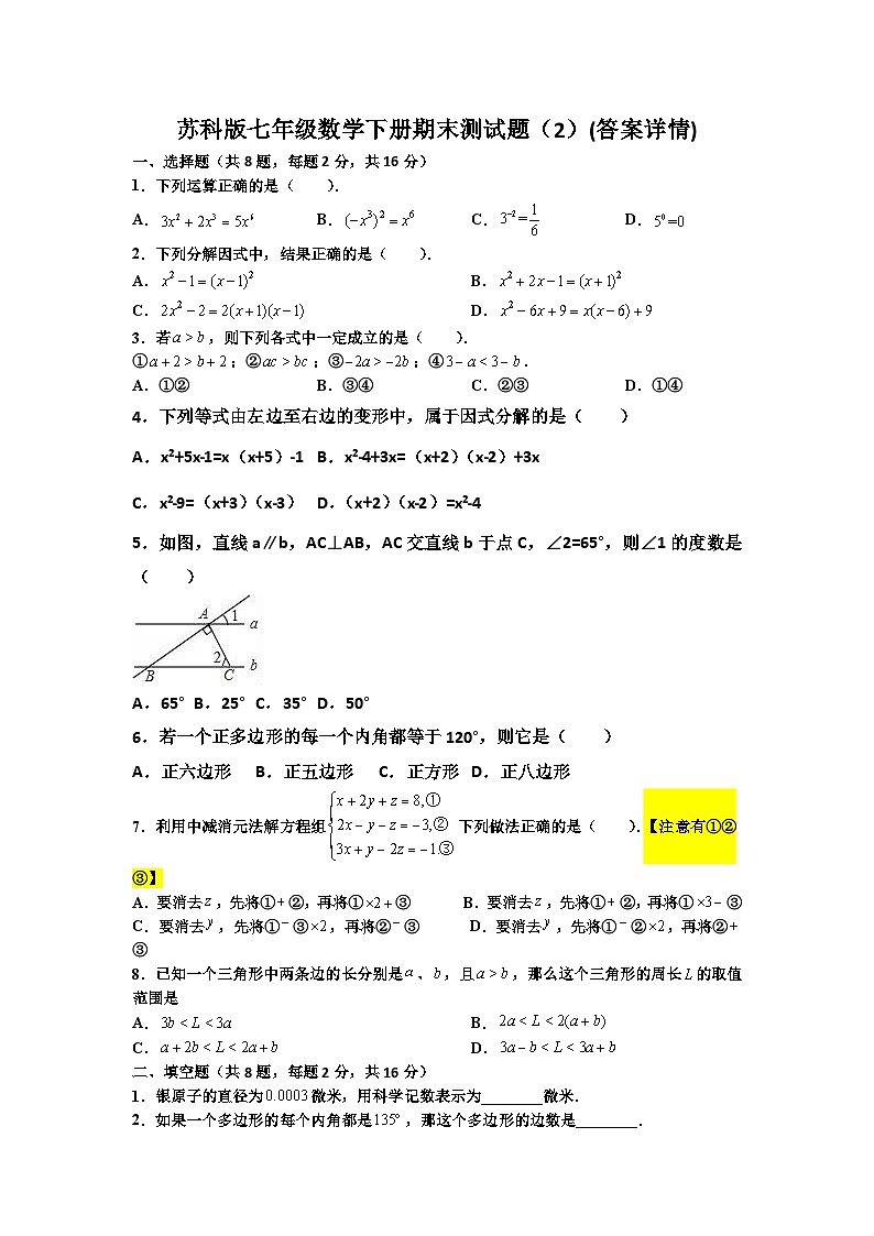 苏科版七年级数学下册期末测试题（2）(答案详情)01