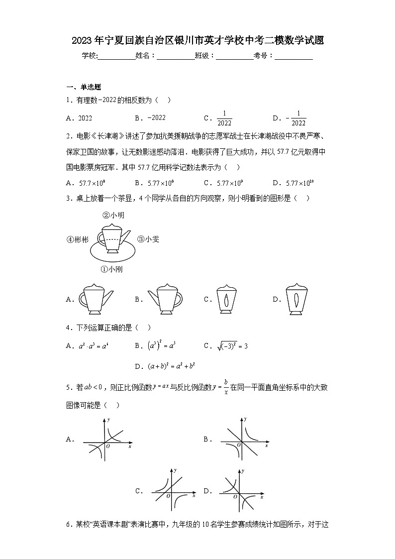 2023年宁夏回族自治区银川市英才学校中考二模数学试题（含答案）第1页