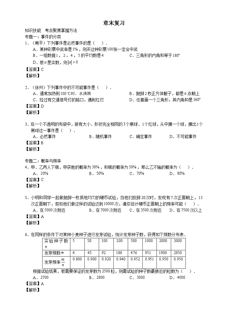 北师大版七年级数学下册学案（含解析）：第六章概率初步章末复习01