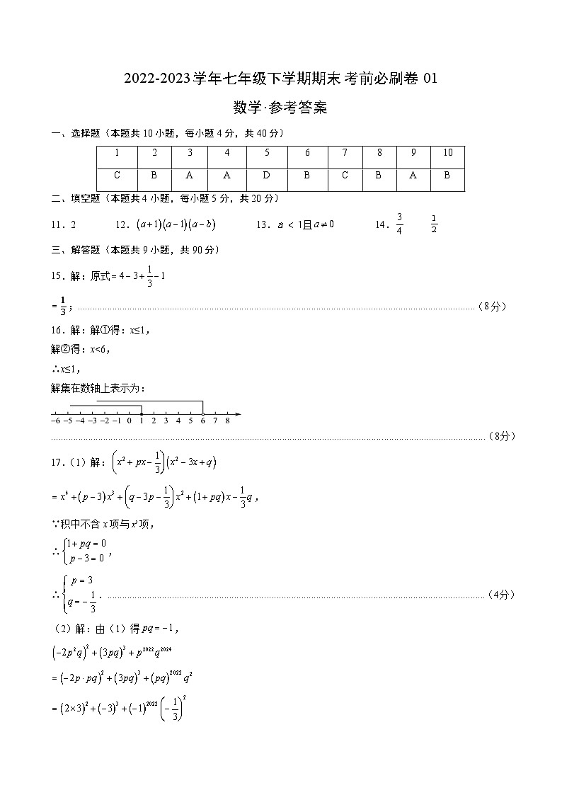 数学01卷（沪科版七年级下册）-（参考答案）第1页
