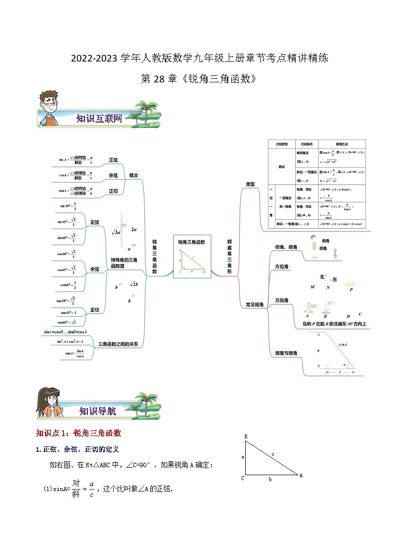 第28章《锐角三角函数》——【期末复习】九年级数学下册章节知识点+思维导图+练习学案（人教版）01