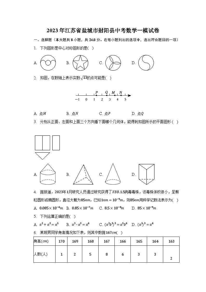 2023年江苏省盐城市射阳县中考数学一模试卷（含解析）第1页