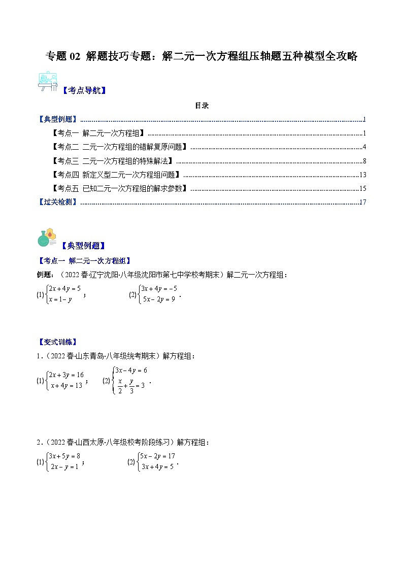 专题02 解题技巧专题：解二元一次方程组压轴题五种模型全攻略（原卷版）第1页