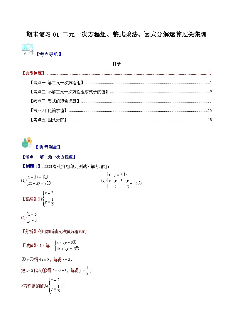 【期末常考压轴题】湘教版七年级数学下册-期末复习01 二元一次方程组、整式乘法、因式分解运算过关集训01