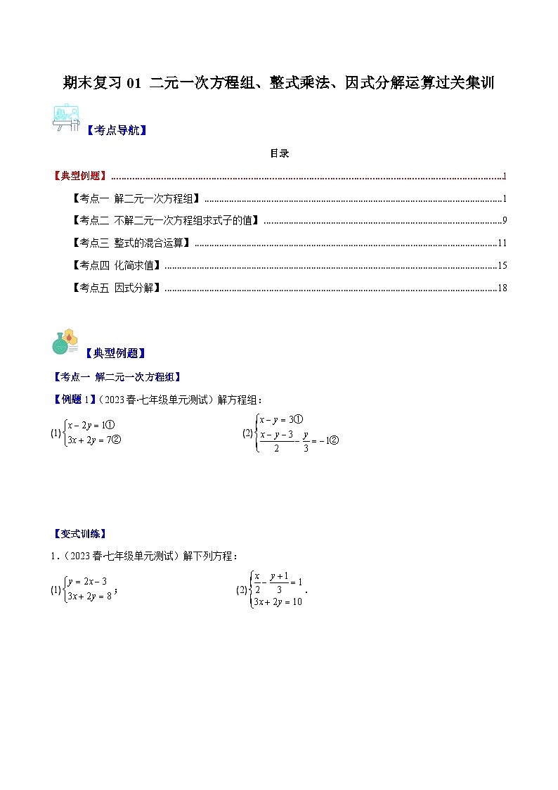 【期末常考压轴题】湘教版七年级数学下册-期末复习01 二元一次方程组、整式乘法、因式分解运算过关集训01