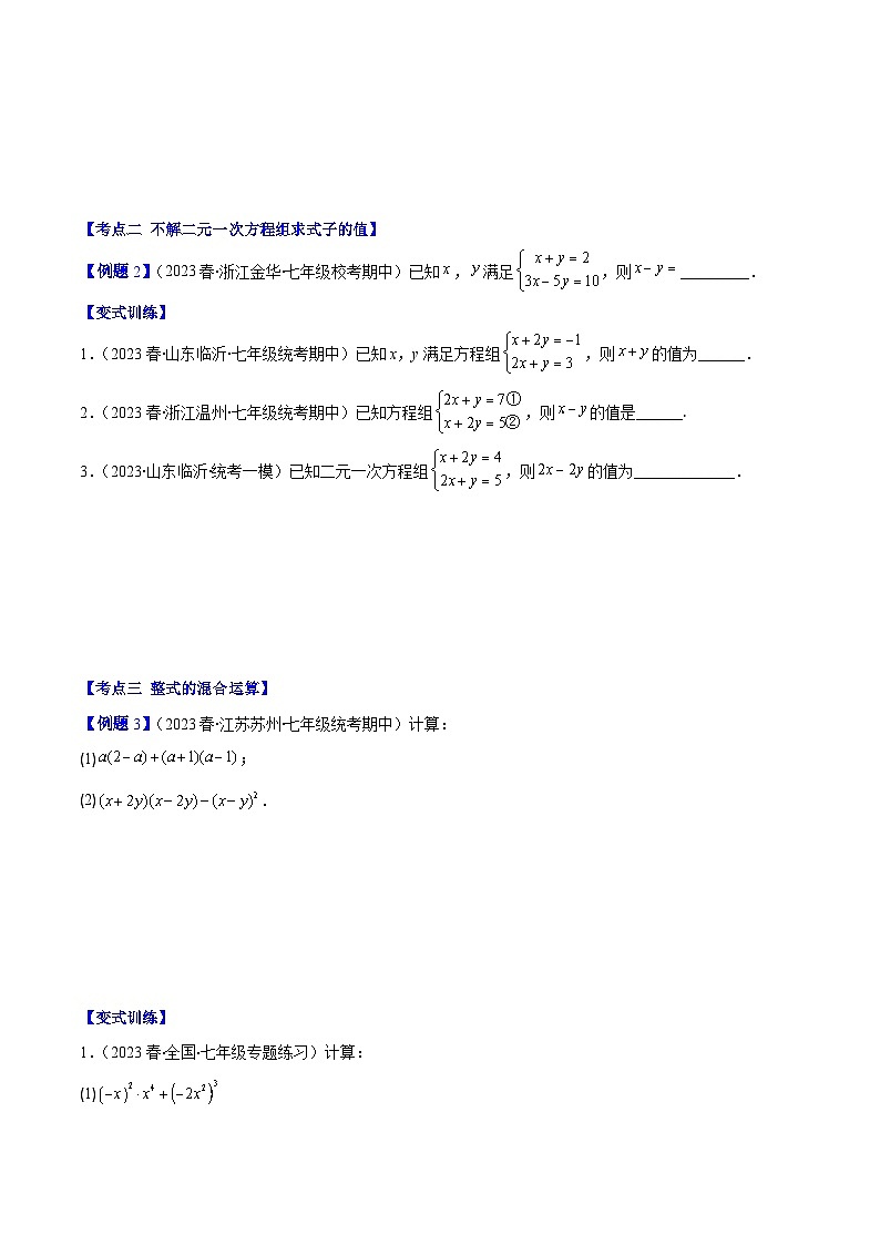 【期末常考压轴题】湘教版七年级数学下册-期末复习01 二元一次方程组、整式乘法、因式分解运算过关集训03