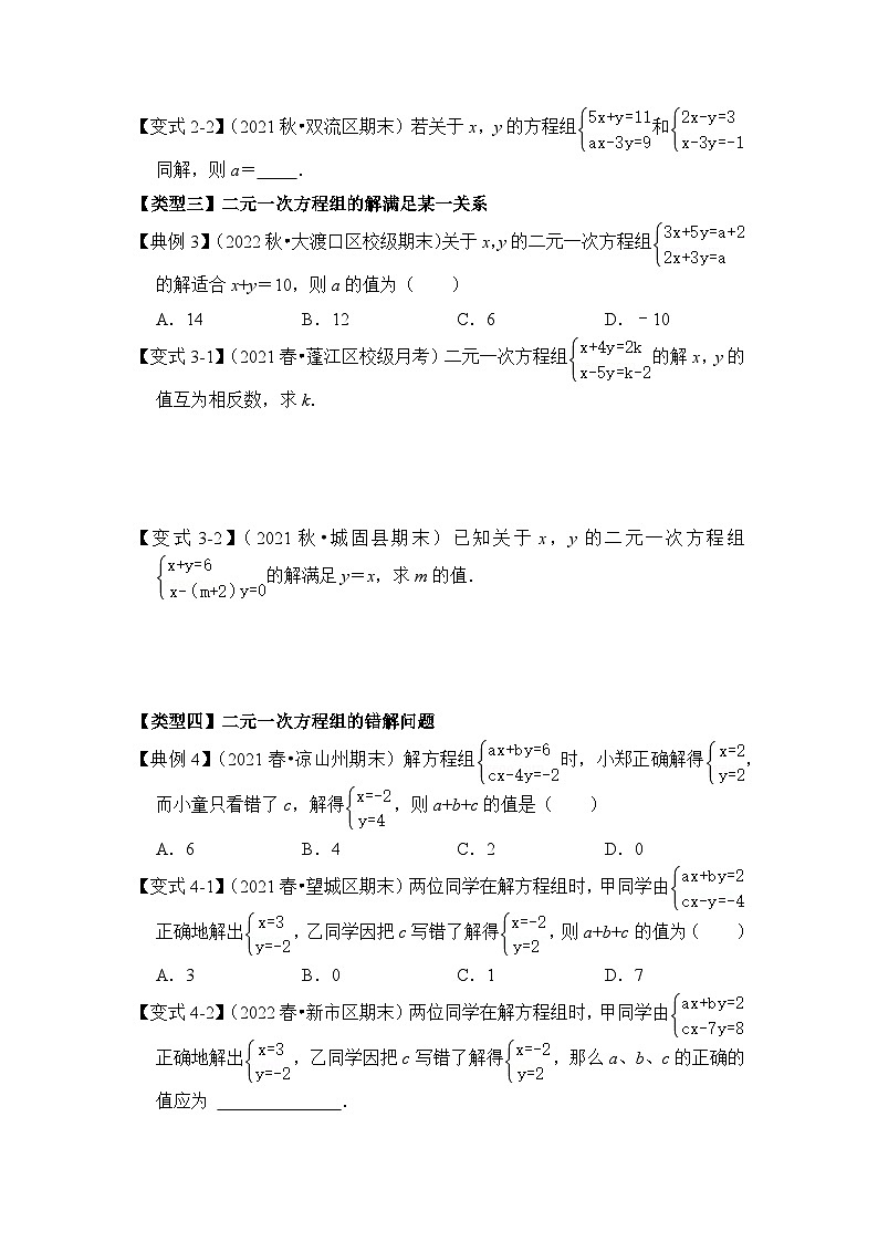 专题14 含字母参数的二元一次方程（组）问题（三大类型）（原卷版）第2页