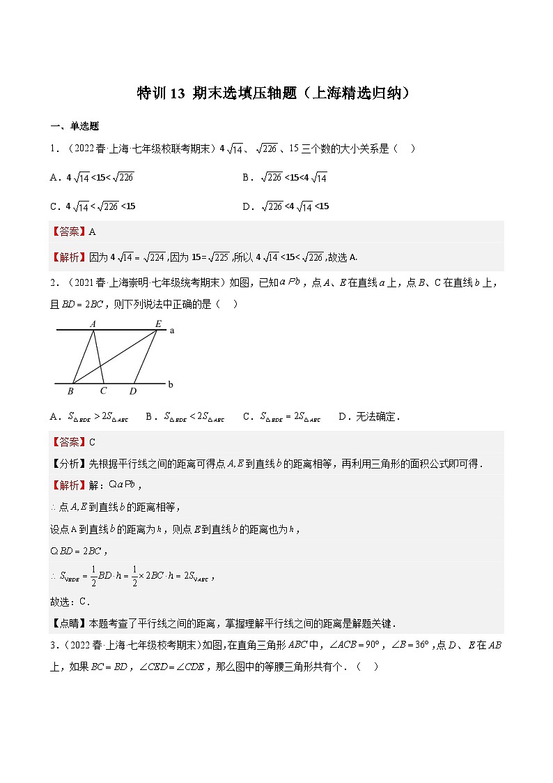 特训13 期末选填压轴题（上海精选归纳）-2022-2023学年七年级数学下册期中期末挑战满分冲刺卷（沪教版，上海专用）01